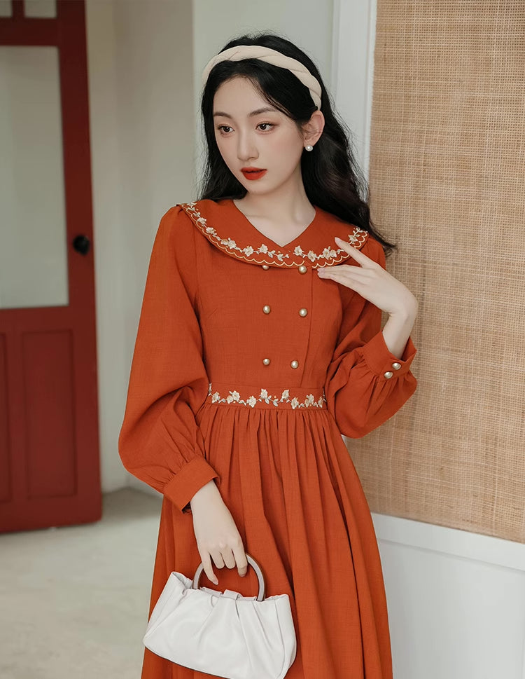 Autumn Floral Shawl Collar Midi Dress (Burnt Orange)