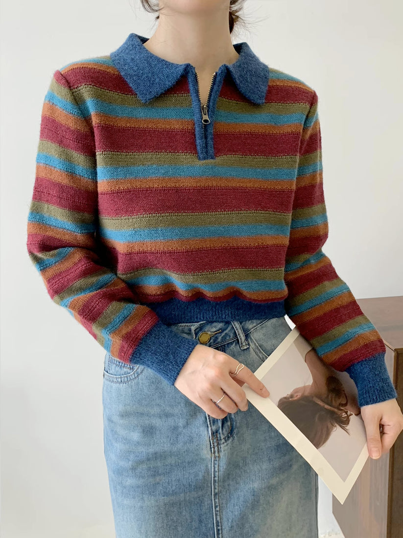 Stripe Damaged Polo Sweater