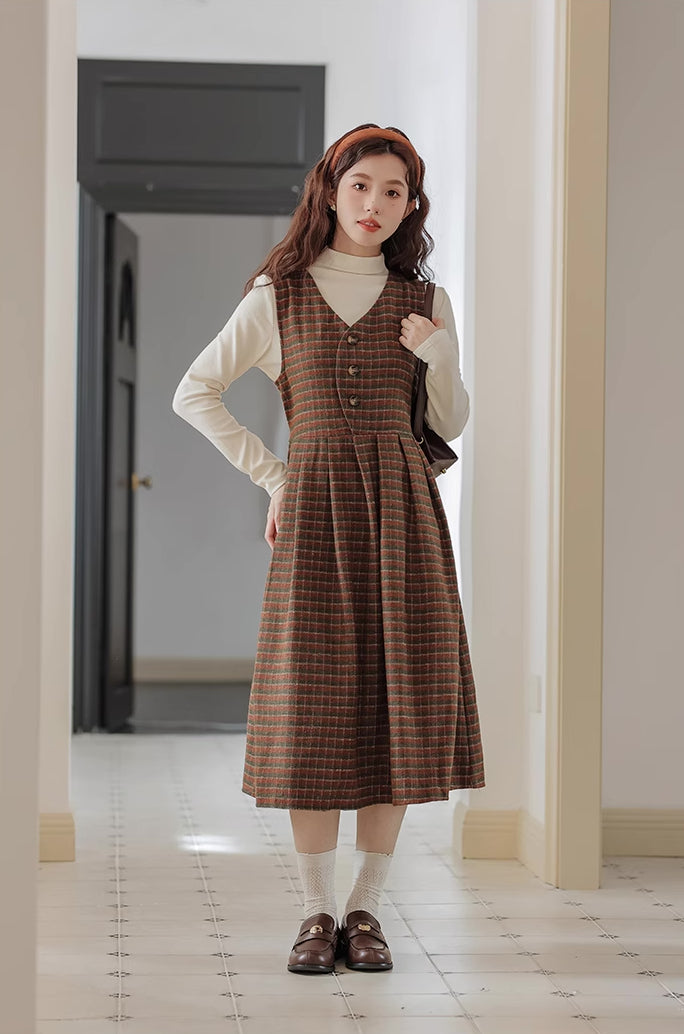 Fallen Leaves Plaid Pinafore Dress Set (Brown)