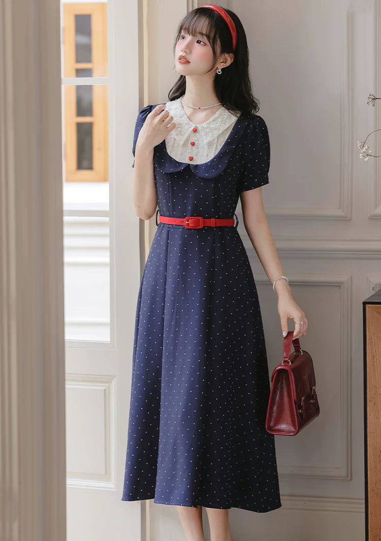 Miss Americana Polka Dot Midi Dress (Navy)