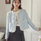 Gingham Lace Trim Tweed Jacket (Blue)