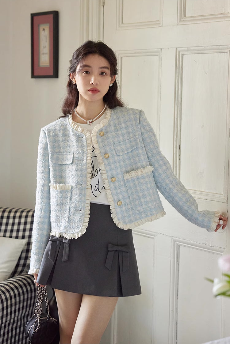 Gingham Lace Trim Tweed Jacket (Blue)