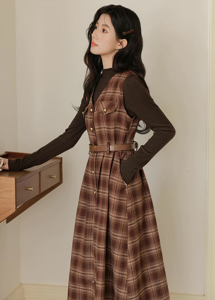 Ginger Plaid Pinafore Midi Dress (2 Colors)