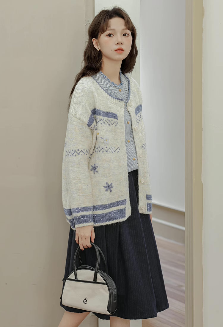 Embroidered Floral Fair Isle Cardigan (Off-White)