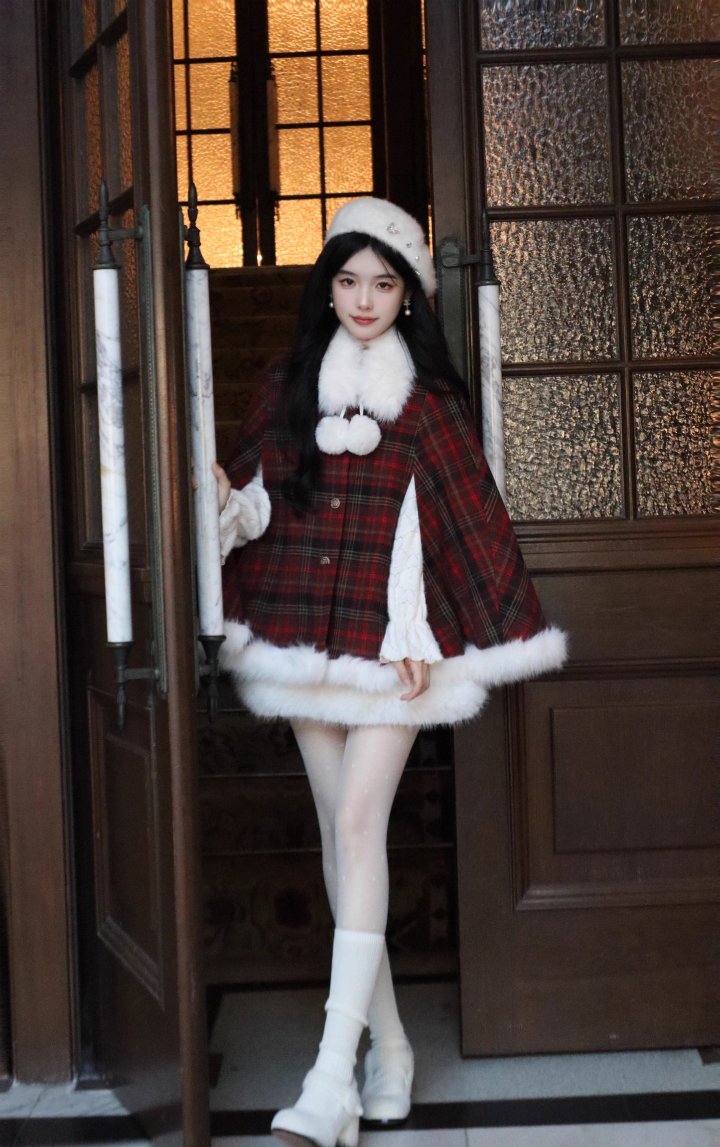 Merry Plaid Mini Dress & Capelet Set (Red)