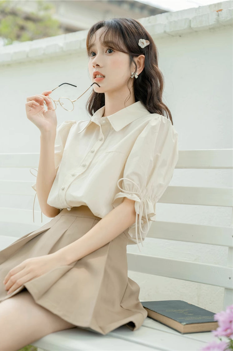 Basic Frilly Puff Sleeve Blouse (Cream)