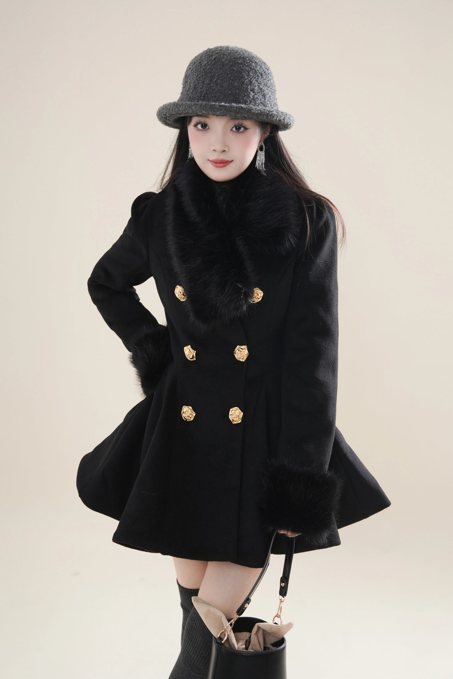 Fuzzy Mini Coat Dress (Black)