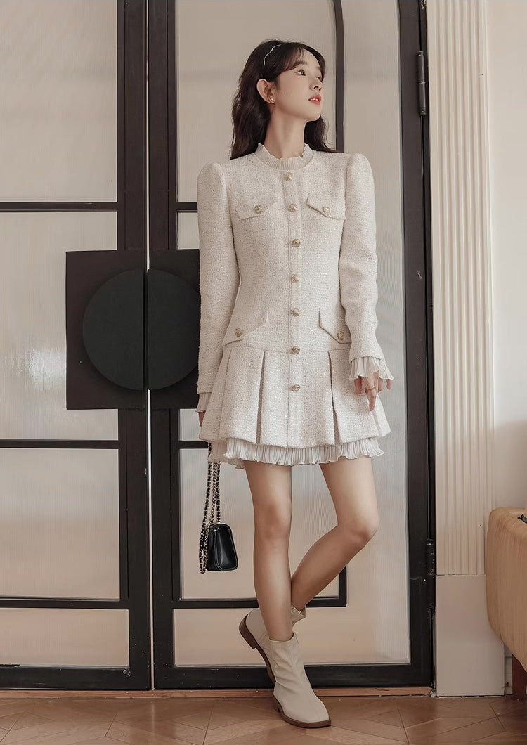 Snowy Sequin Tweed Mini Dress (White) M Snowy Sequin Tweed Mini Dress (White) M