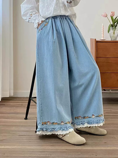 Forest Floor Embroidered Denim Pants (2 Colors)