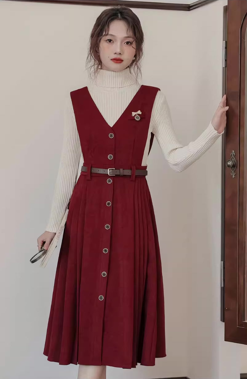 Corduroy Button Pleated Midi Pinafore (2 Colors)