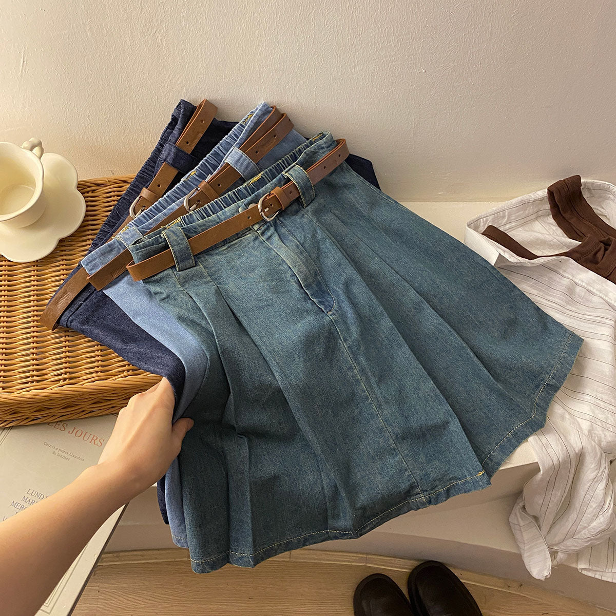 Pleated Denim Mini Skirt (3 Colors)