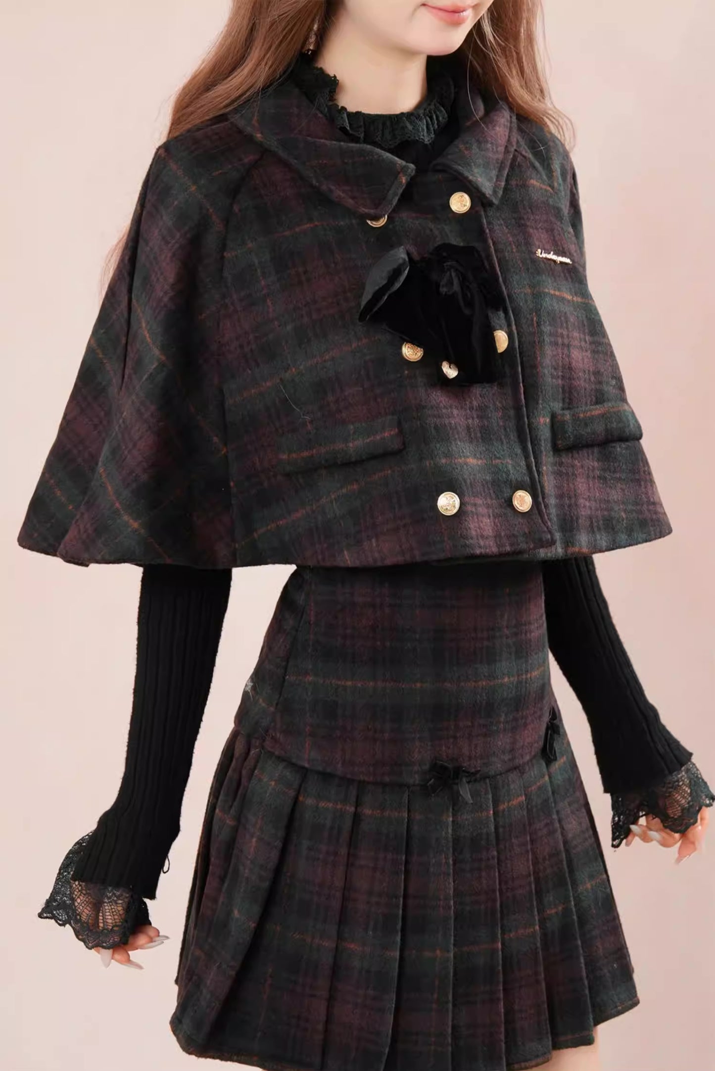 Black Forest Plaid Capelet & Mini Skirt Set (Green/Purple)