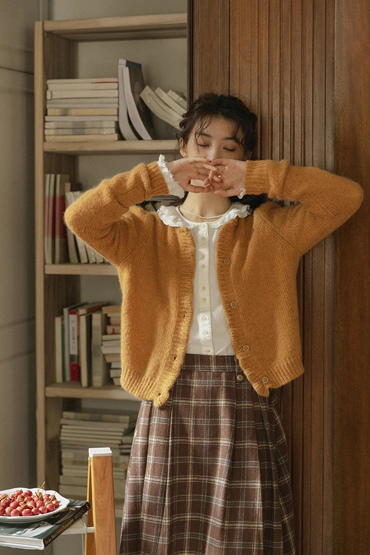 Round Neck Knitted Cardigan (Pumpkin Mustard)