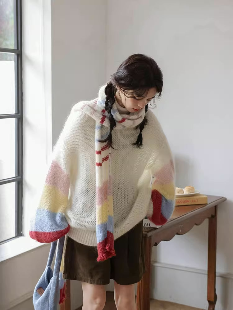 Rainbow Stripe Sleeves Sweater (White)