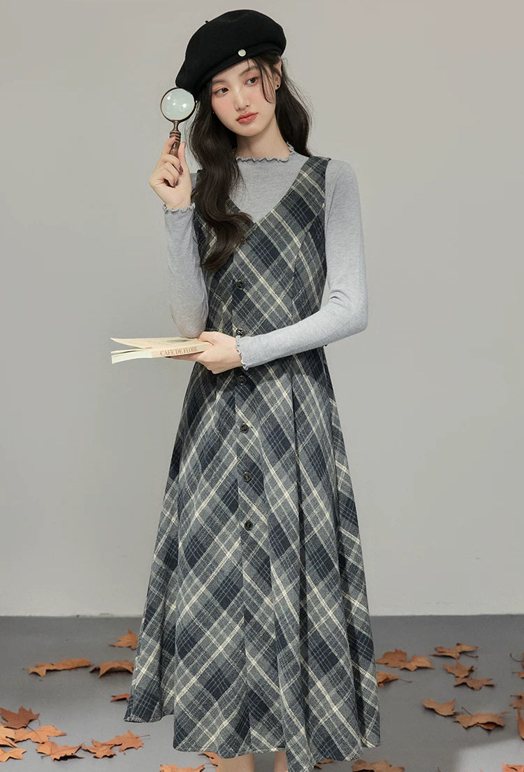 Midnight Plaid Pinafore Midi Dress (Grey)