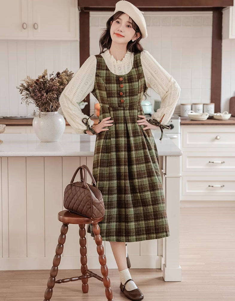 Chocolate Tea Plaid Twofer Midi Dress (Green)