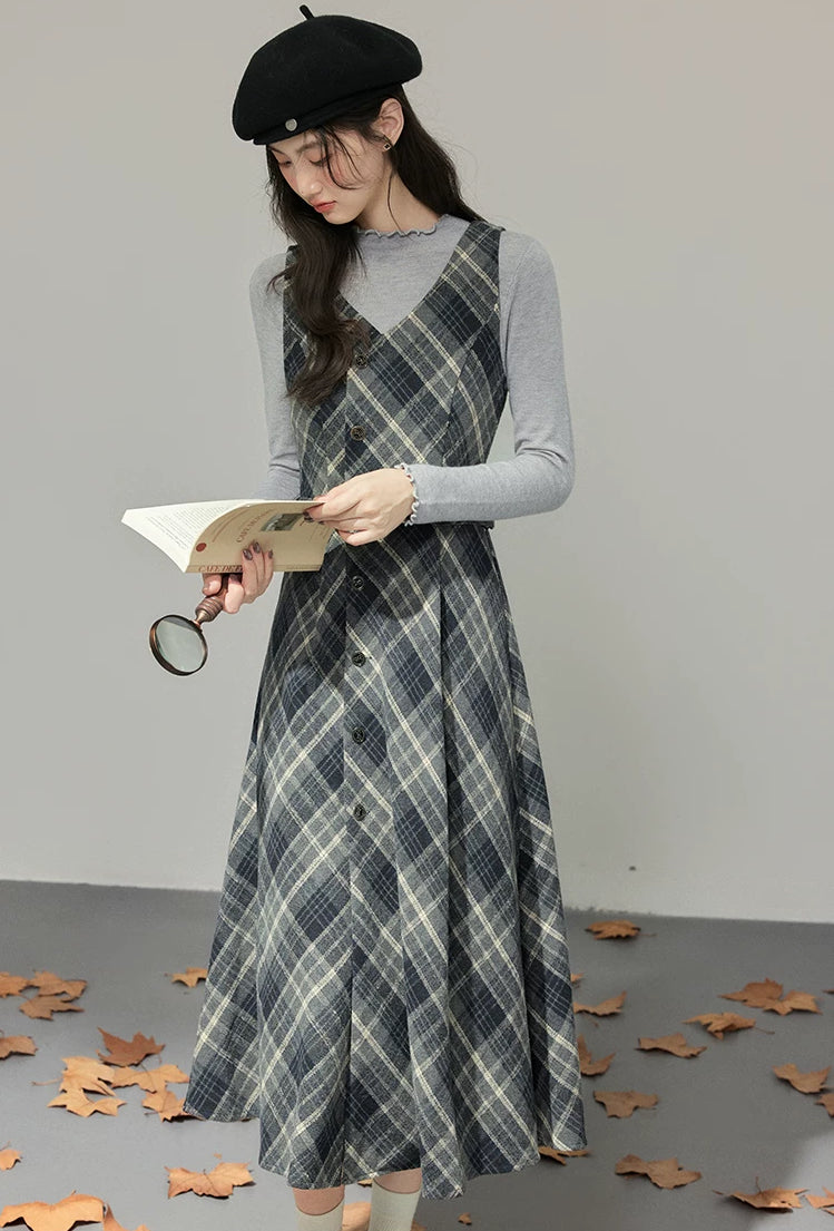 Midnight Plaid Pinafore Midi Dress (Grey)