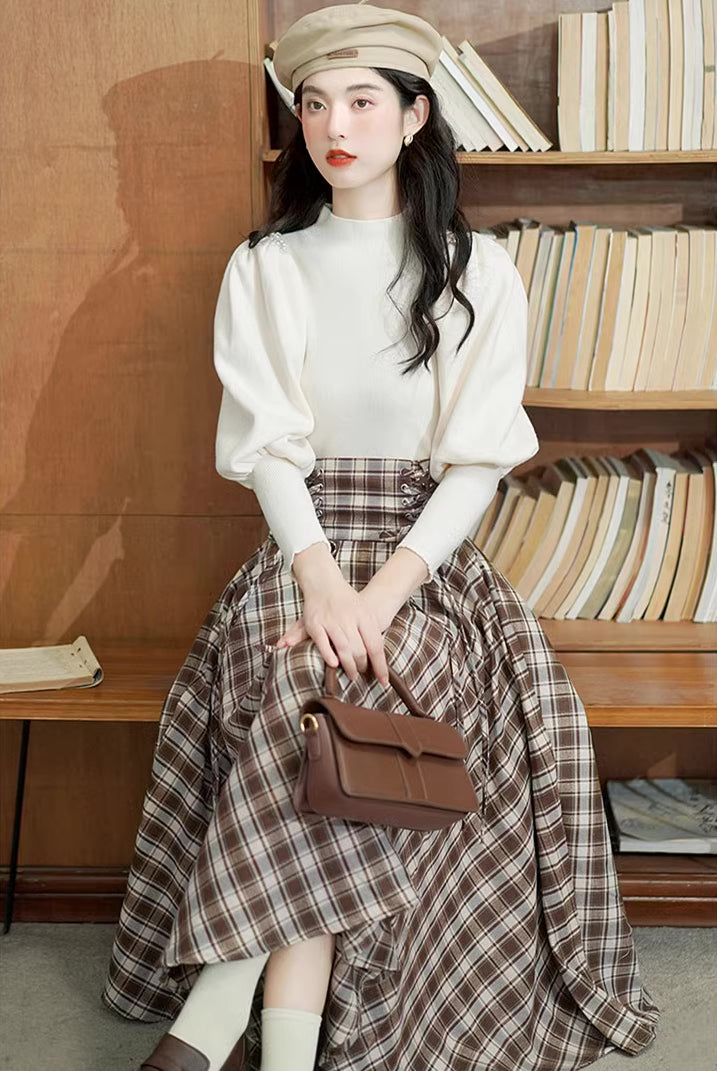 Choco Plaid Midi Skirt (Brown)