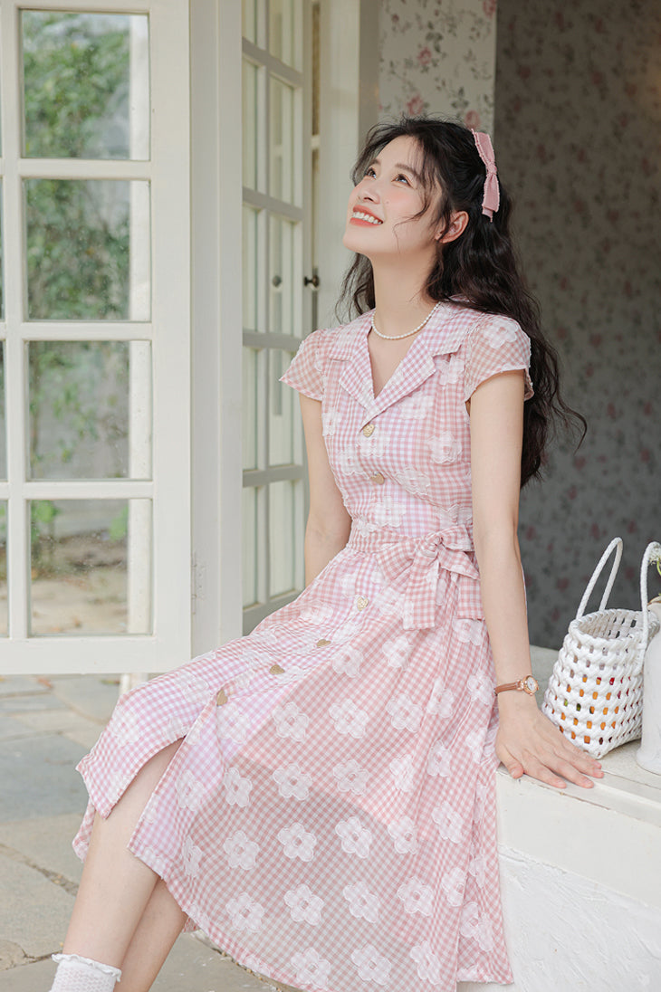 Gingham Daisy Shirt Dress (Pink)