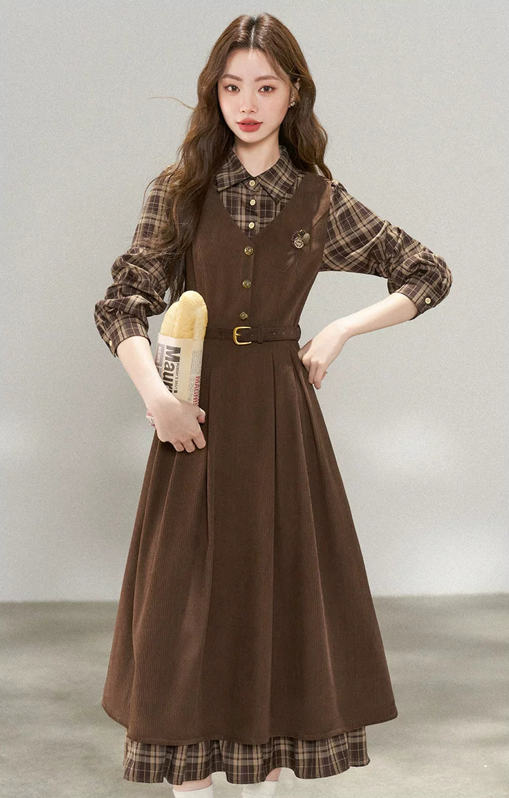 Chocolate Plaid Corduroy Twofer Midi Dress (Brown)