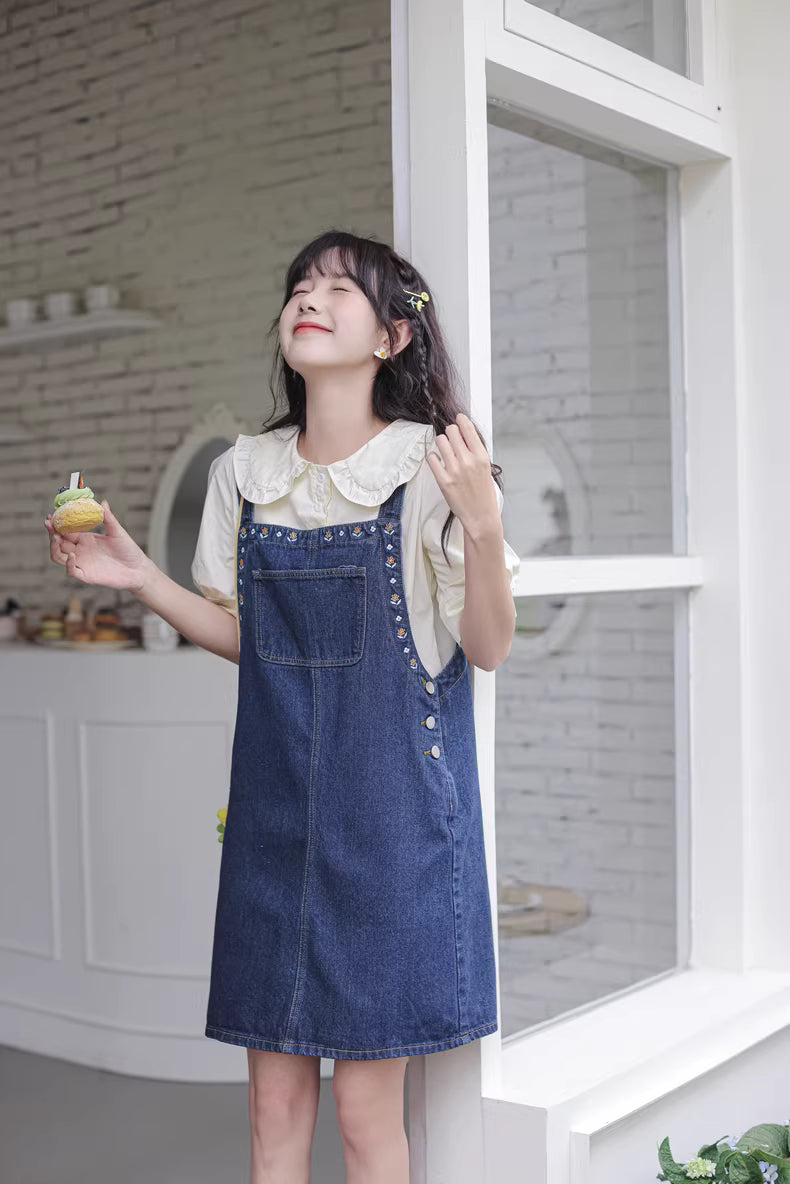 Flower Embroidered Mini Pinafore Dress (Dark Denim)