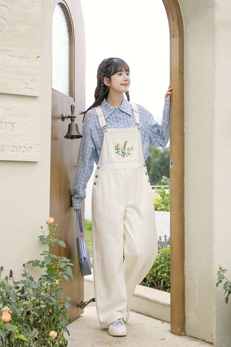Wildflower Embroidered Overalls (White)