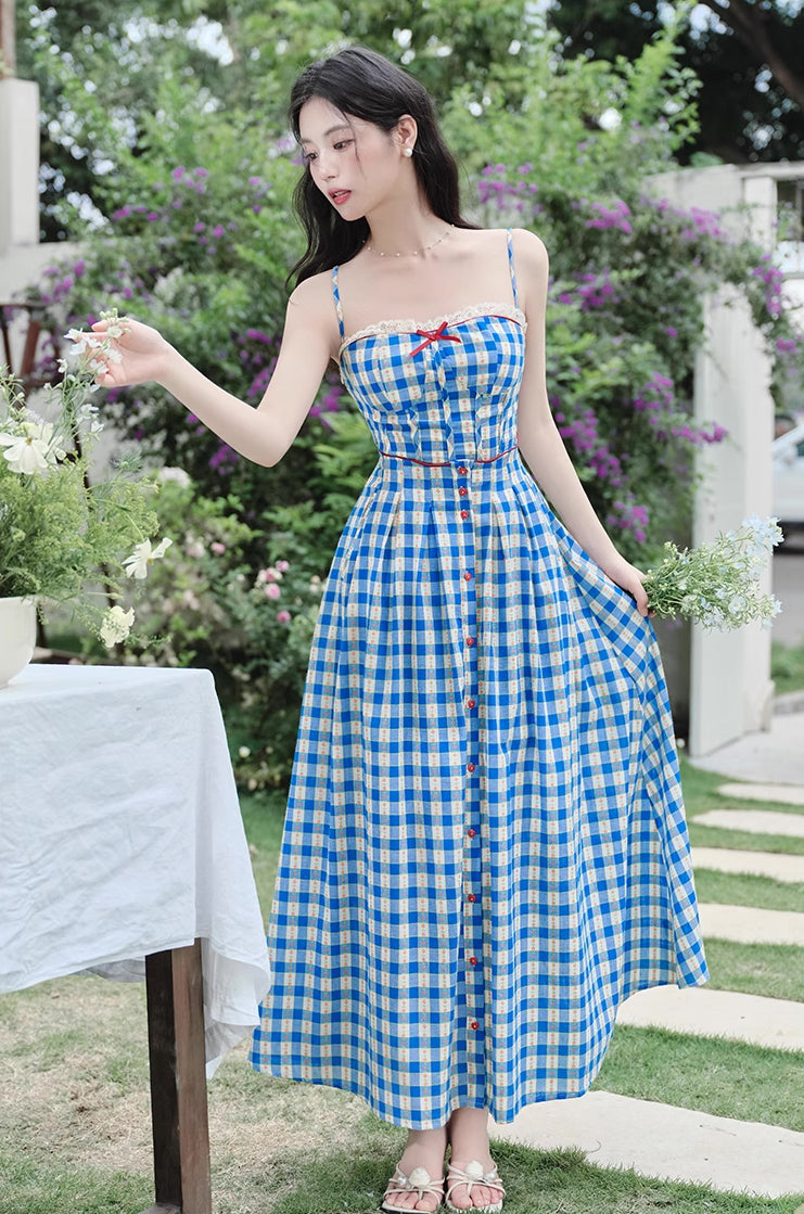 Vintage Gingham Floral Cami Dress (Blue)
