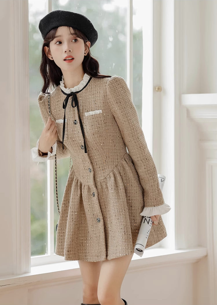 Latte Tweed Mini Dress (Khaki)