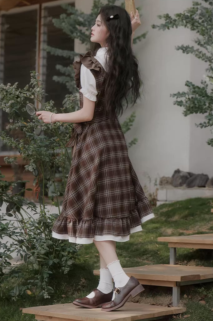 Hazel Plaid Flutter Twofer Midi Dress (Brown)