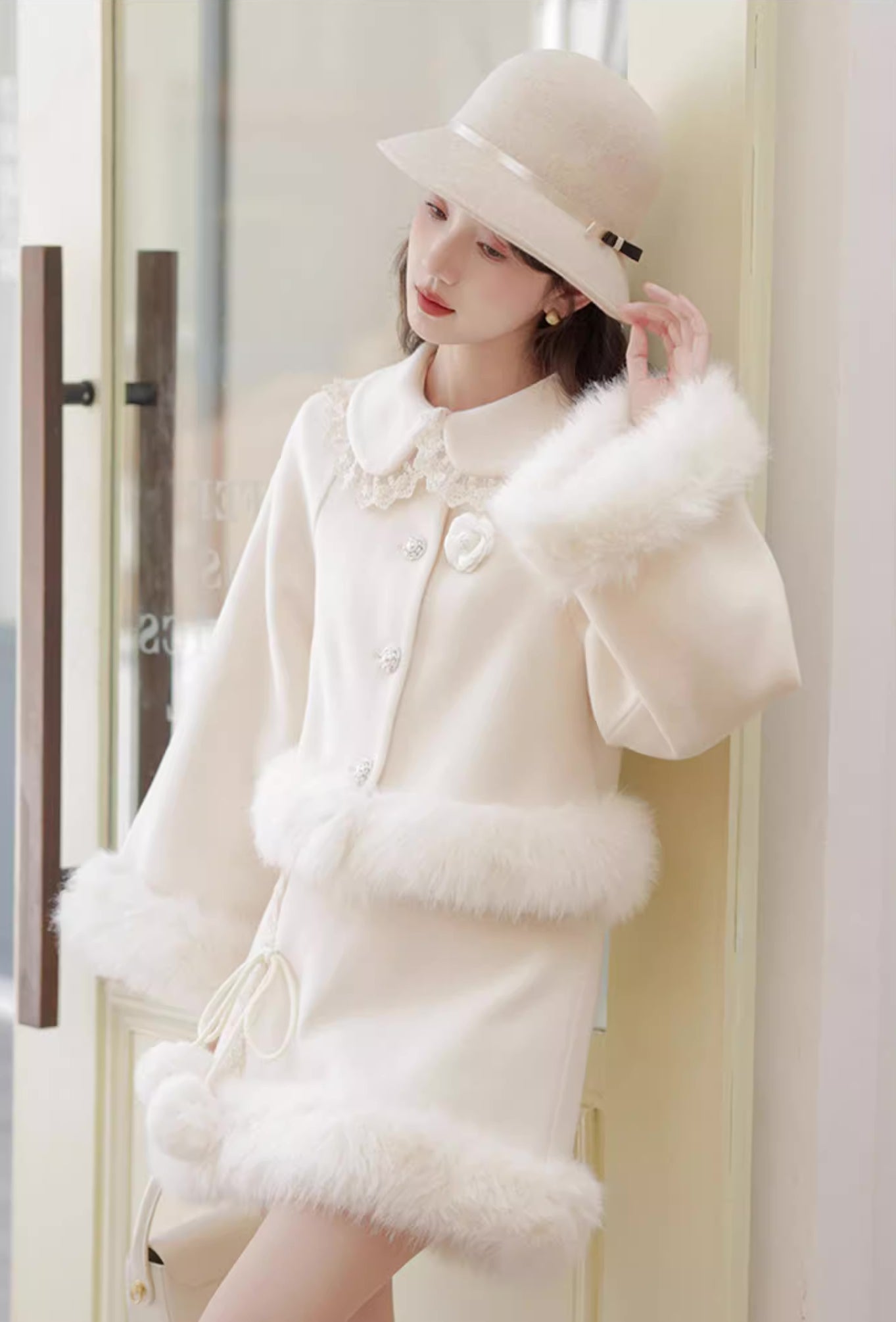 Fuzzy Snow Puff Tweed Set (Cream)