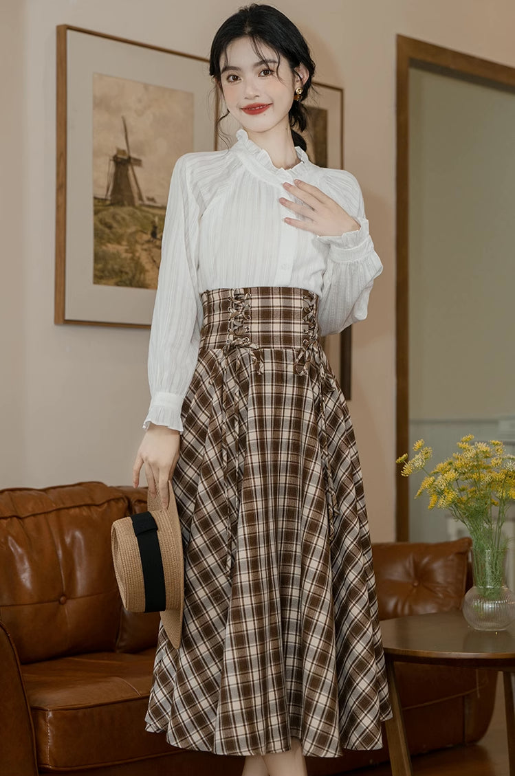 Choco Plaid Midi Skirt (Brown)