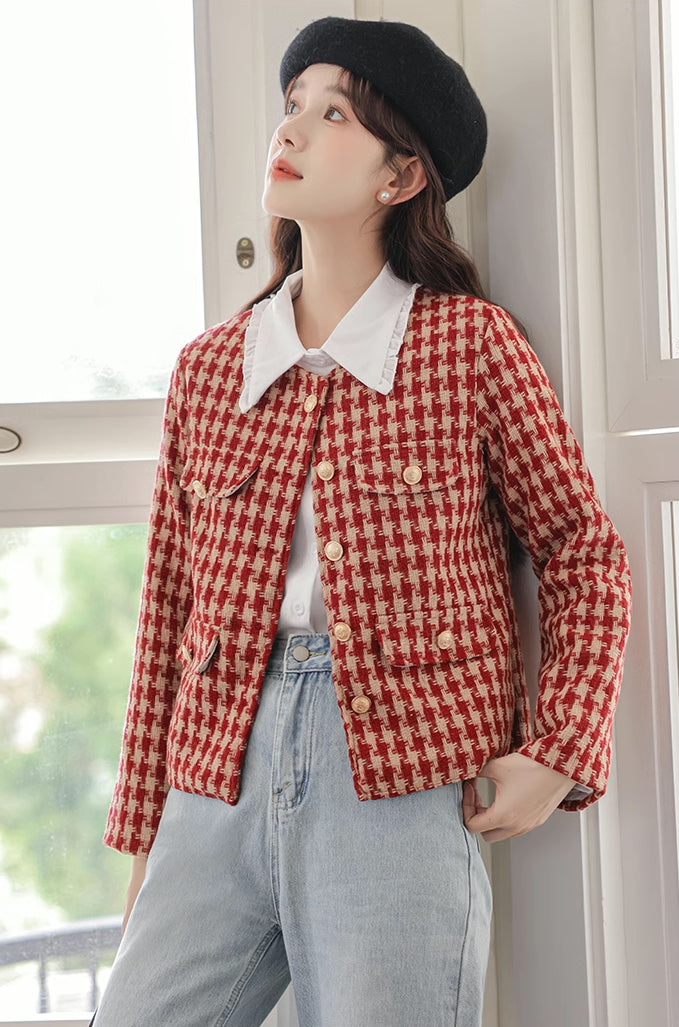 Houndstooth Tweed Jacket (Red)