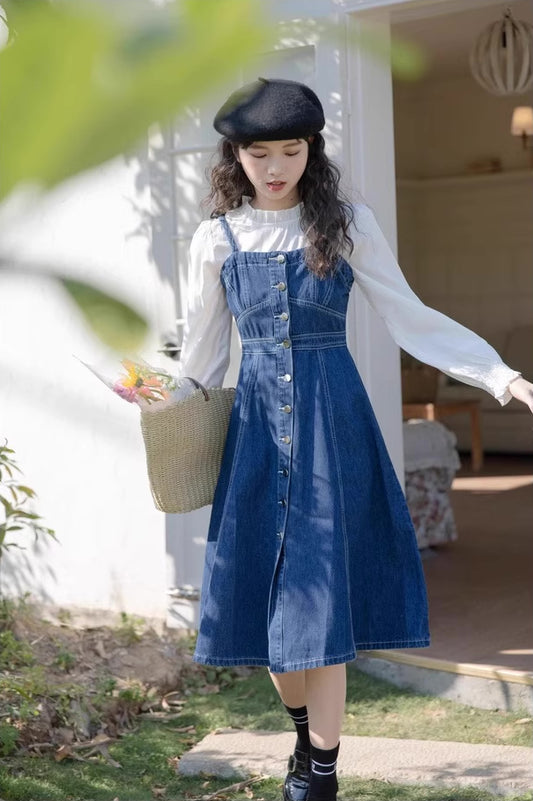 Button Down Denim Cami Midi Dress (Dark Blue)