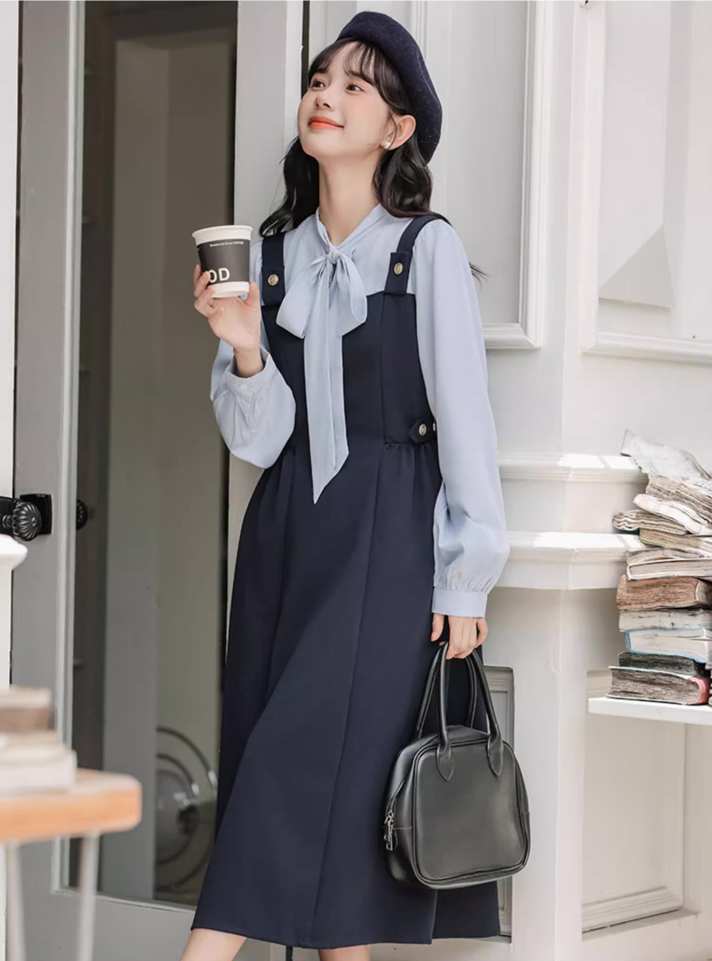 Tie Neck Twofer Midi Dress (Navy)