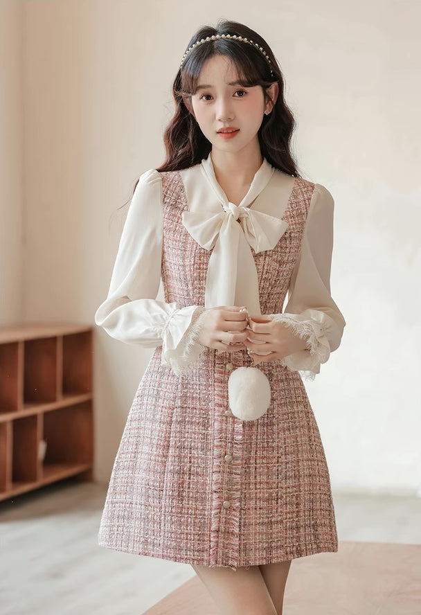 Tie Neck Tweed Mini Shift Dress (Pink)