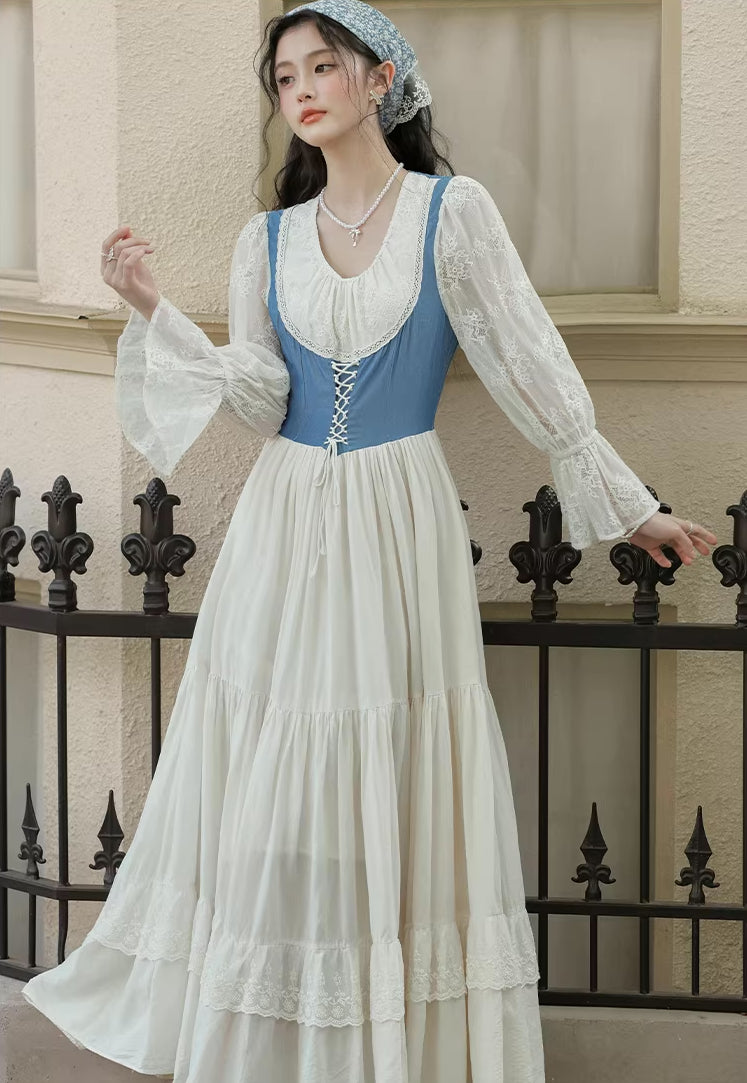 Belle Twofer Corset Peasant Maxi Dress (White/Blue)