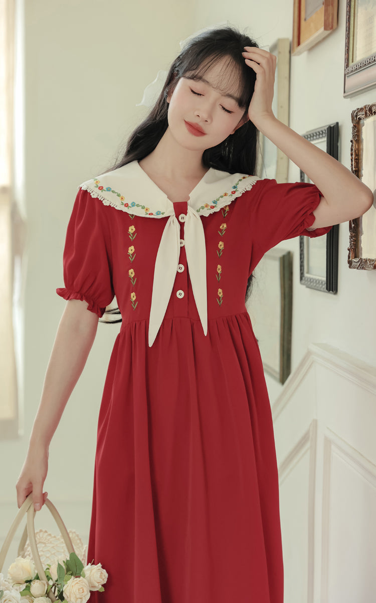 Floral Embroidered Sailor Midi Dress (Red)