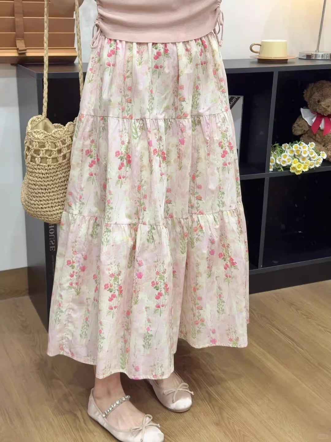 Flower Vines Midi Skirt (Pink)