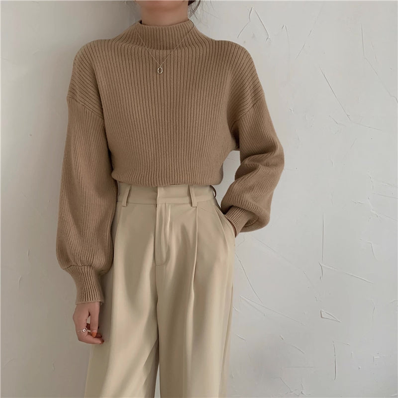 Balloon Sleeve Ribbed Sweater (4 Colors)