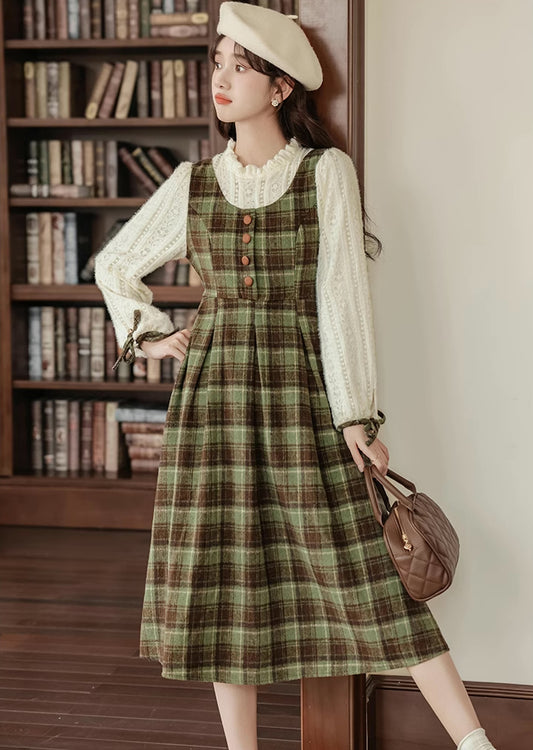 Chocolate Tea Plaid Twofer Midi Dress (Green)