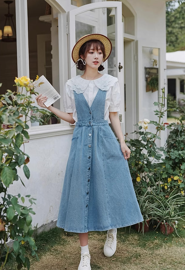 Knee Length Denim Pinafore Dress Indigo Cotton Denim Pinafore Knee Length Dress, Strap Sleeve A-Line Knee Length Denim Pinafore Dress Indigo Cotton Denim Pinafore Knee Length Dress, Strap Sleeve A-Line