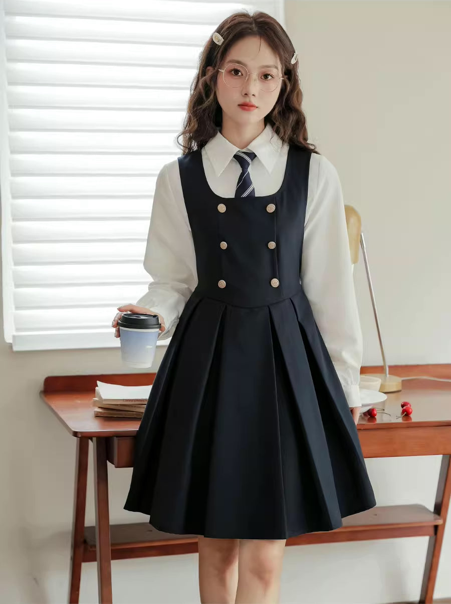 Double Breasted Mini Pinafore Set (Navy)