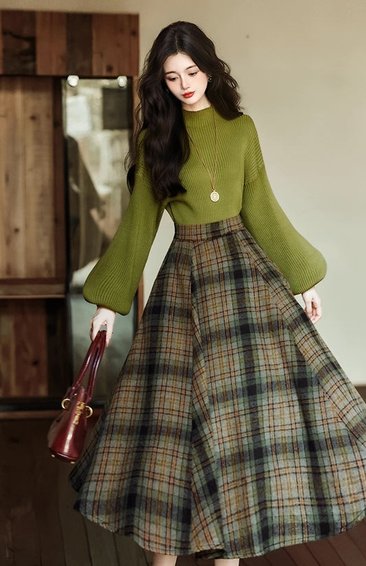 Willow Plaid Sweater & Skirt Set (Green)