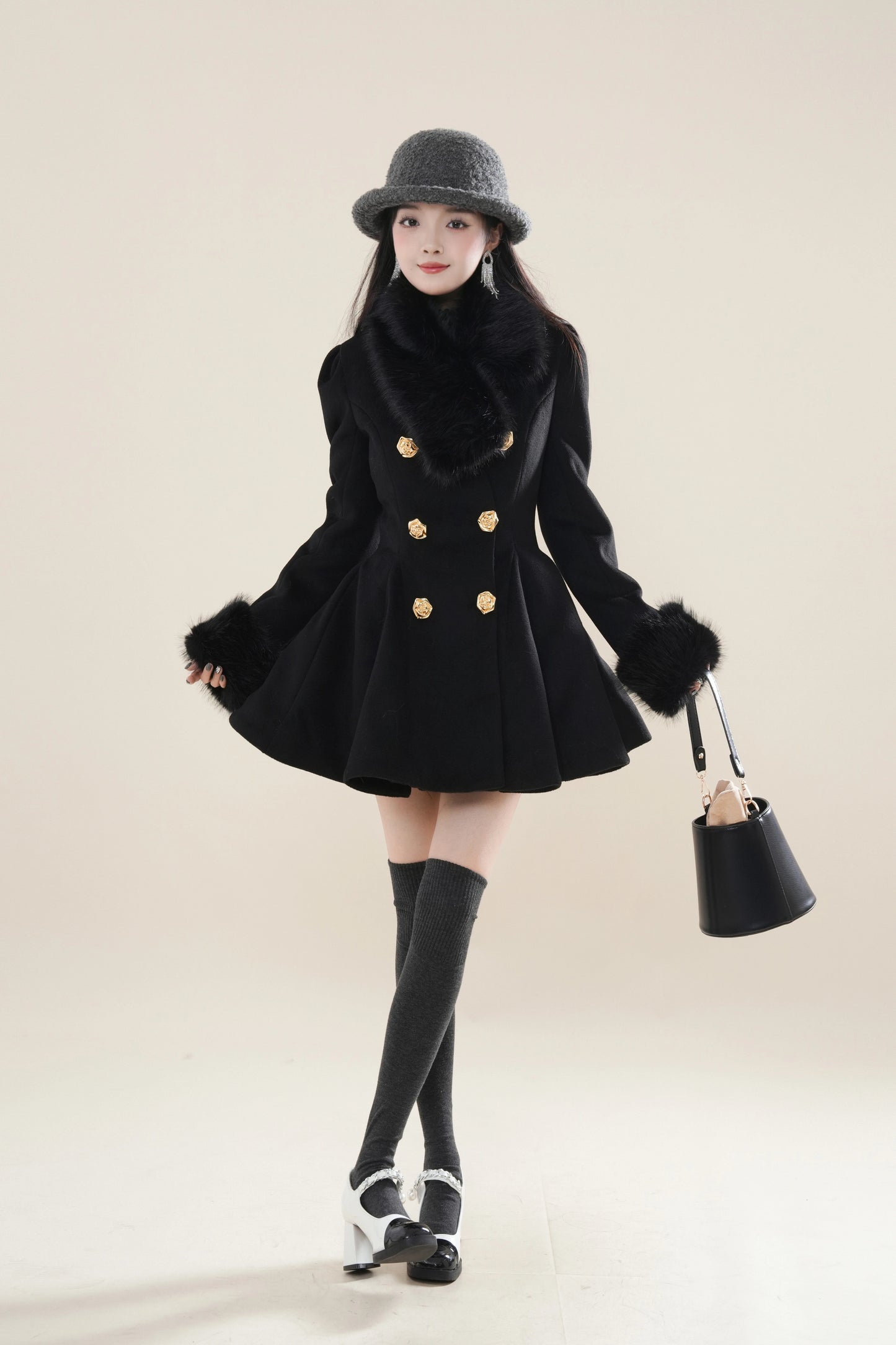 Fuzzy Mini Coat Dress (Black)