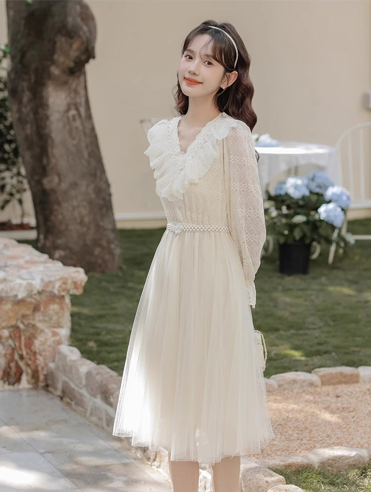 V-Neck Lace & Tulle Midi Dress (2 Colors)