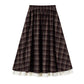 Lace Hem Plaid Midi Skirt (Brown)
