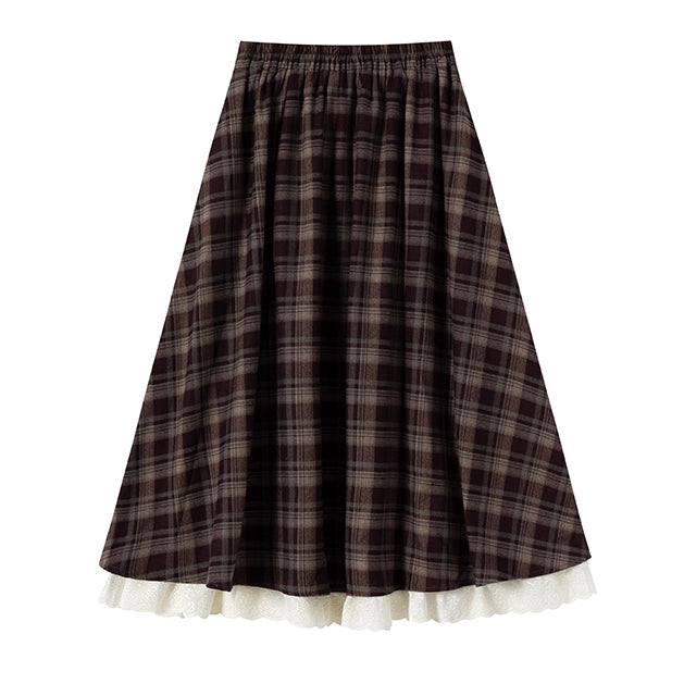 Lace Hem Plaid Midi Skirt (Brown)