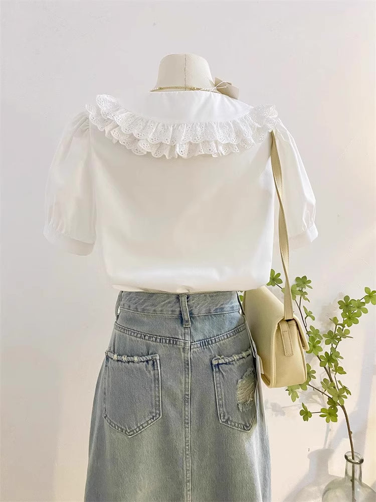 Double Collar Short Sleeve Blouse (White)