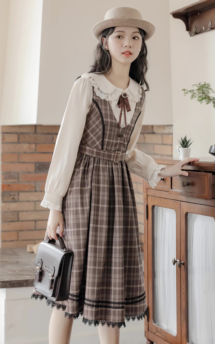 Mocca Plaid Midi Dress (Brown)