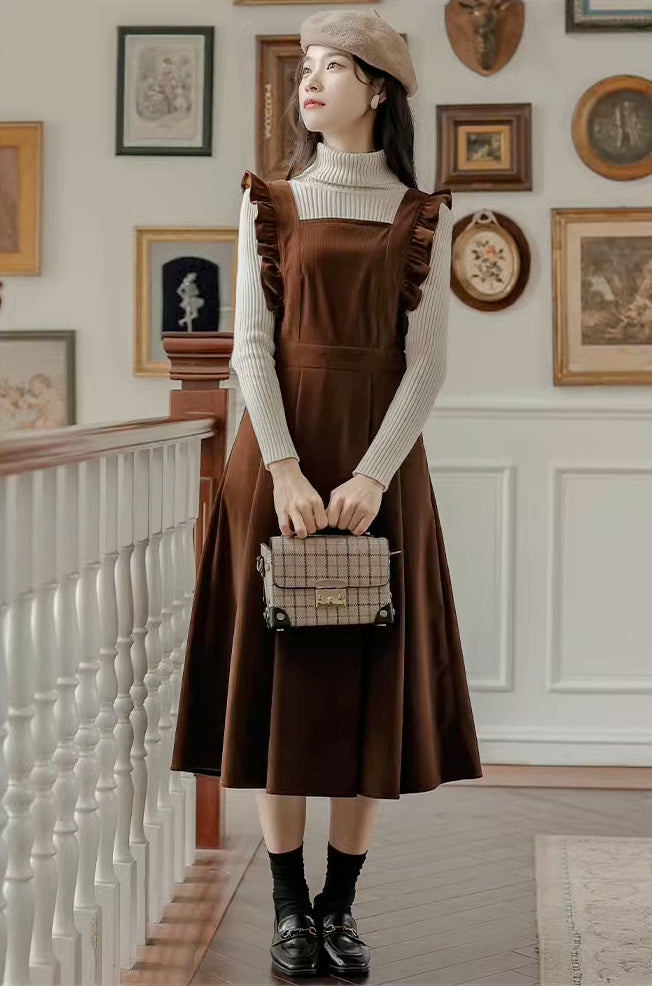 Frilly Corduroy Apron Pinafore Dress (3 Colors)